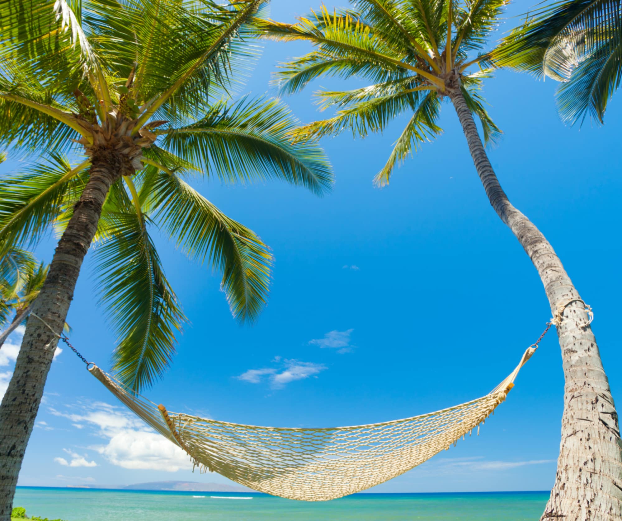 Kambodża wypoczynek na rajskiej wyspie, hamak pomiędzy palmami na plaży Koh Rong